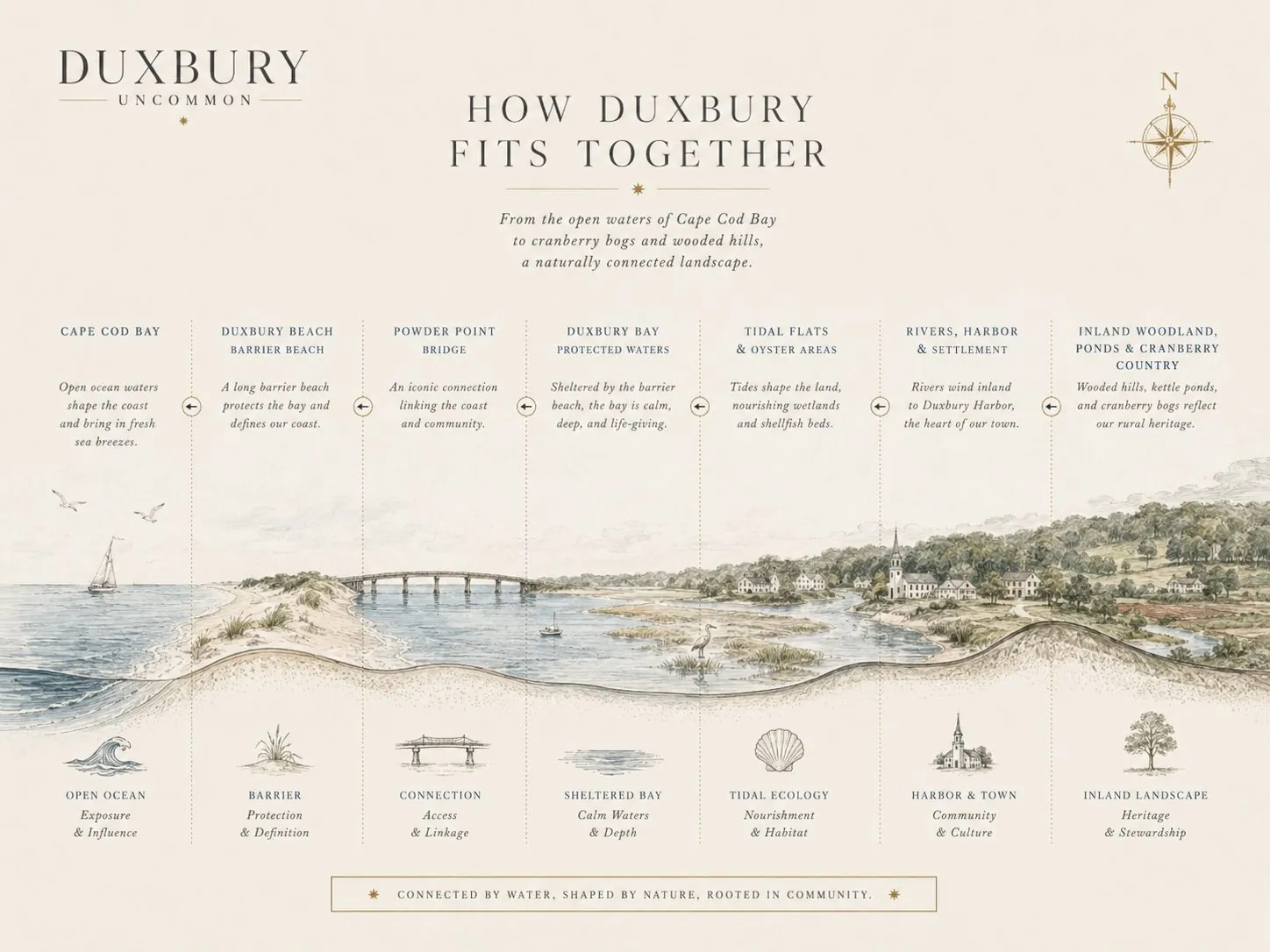 Cross-section illustration of Duxbury from the ocean inland: Cape Cod Bay, the barrier beach, the Powder Point Bridge, Duxbury Bay, tidal flats, the harbor town, and cranberry country