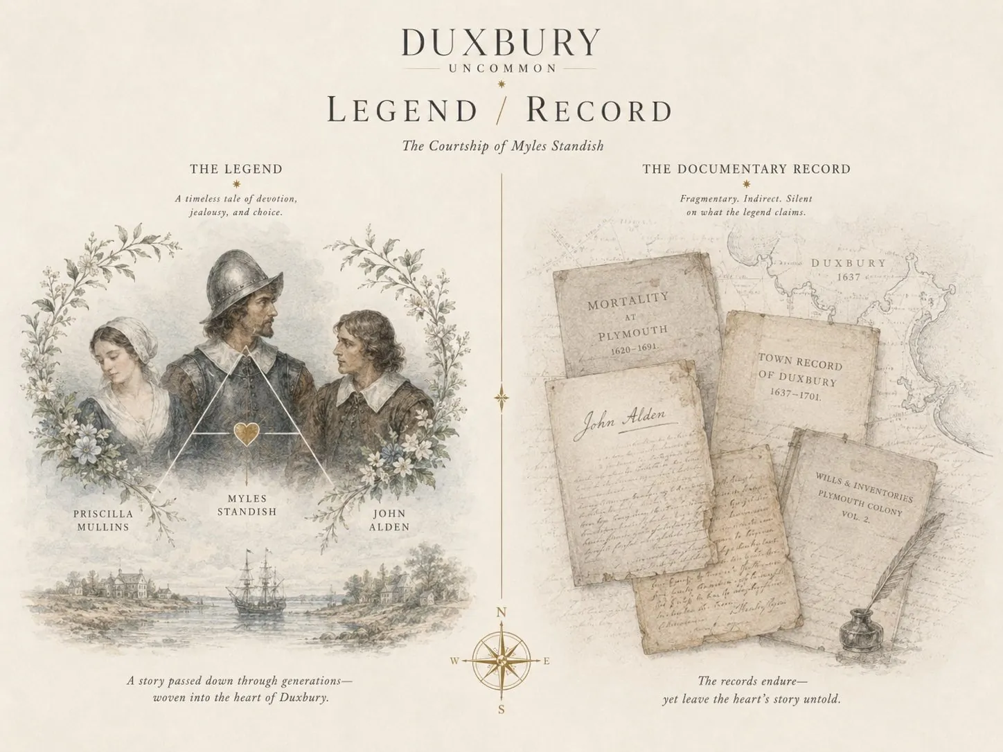 Chart comparing the legend told in Longfellow's poem with the documented historical record of Standish, Alden, and Mullins