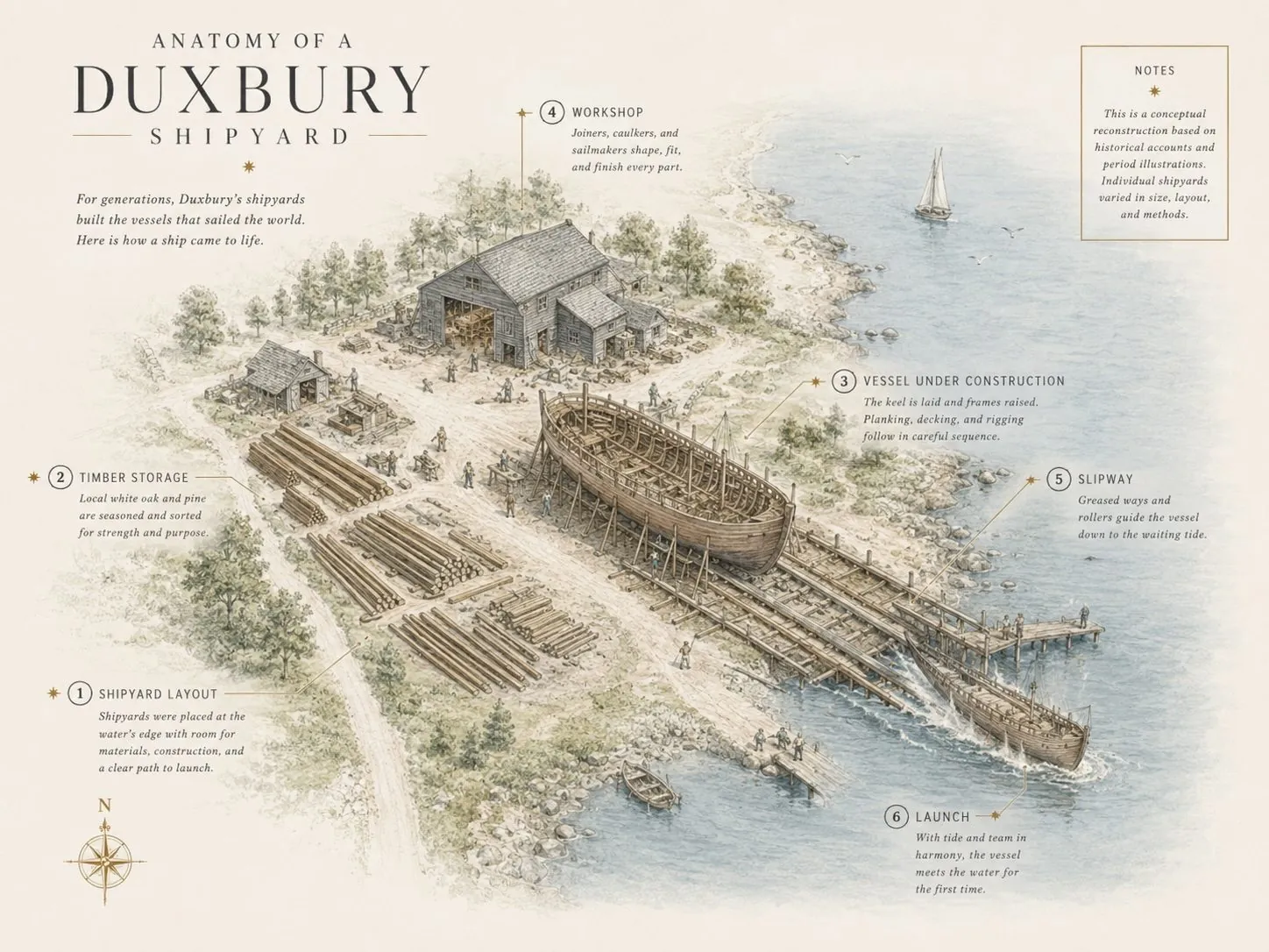 Cutaway illustration of a 19th-century Duxbury shipyard showing six stages of work, from timber storage to launch