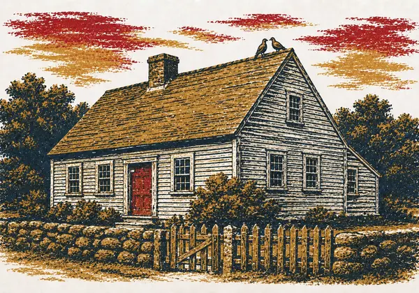 Screenprint-style illustration of the John Alden House