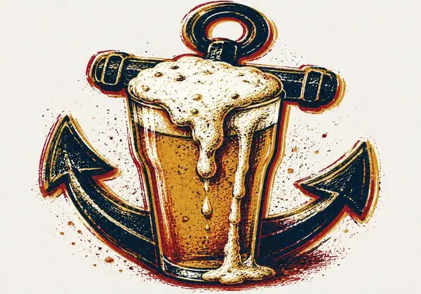 Screenprint-style illustration of an overflowing pint of beer in front of a ship’s anchor