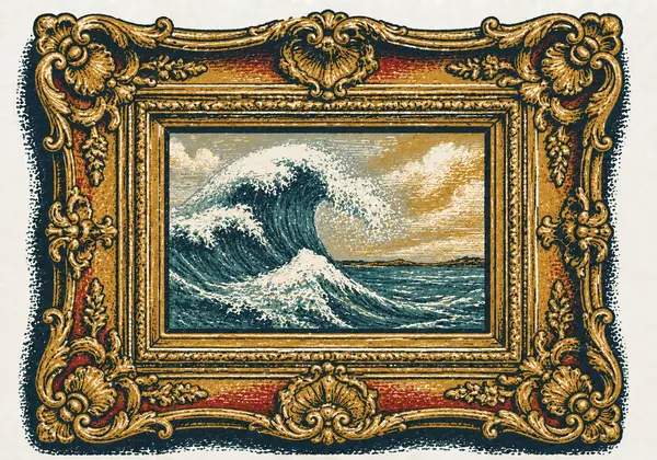 Screenprint-style illustration of an ornate gilded frame holding a small painting of a cresting wave