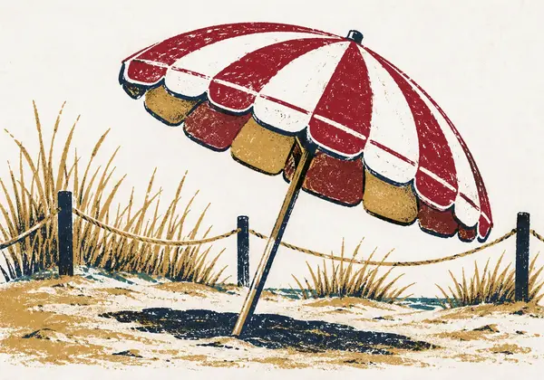 Screenprint-style illustration of a striped beach umbrella planted in the dunes