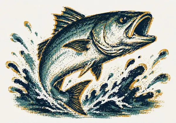 Screenprint-style illustration of a bluefish leaping from the water
