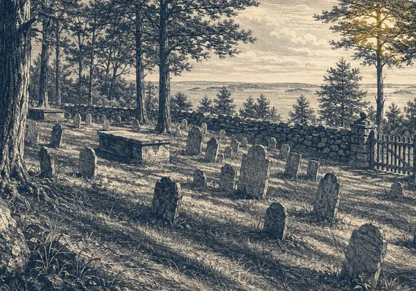 Engraving-style illustration of the Old Burying Ground under tall pines