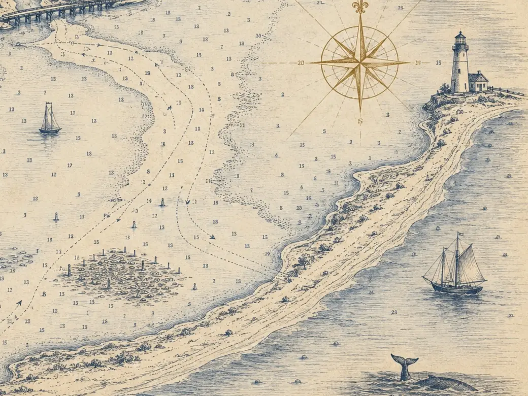 Vintage-style chart of Duxbury Bay with compass rose and lighthouse