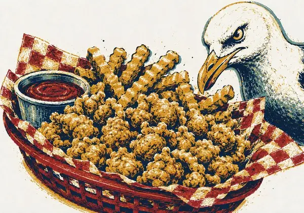 Screenprint-style illustration of a fried clam basket with a seagull leaning in