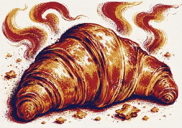 Screenprint-style illustration of a giant croissant with steam rising off it
