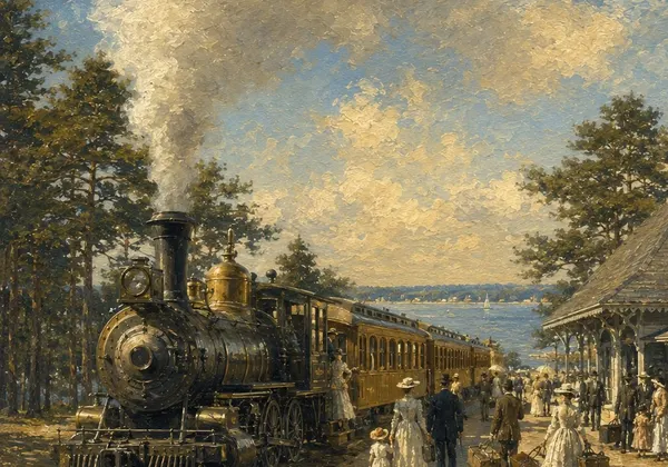 Painting of a steam train arriving at the Duxbury depot