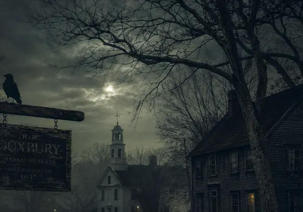 Illustration of a crow on a weathered sign on a foggy Duxbury night