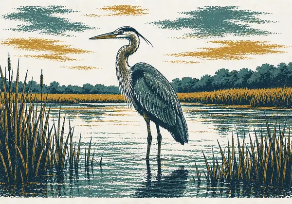 Screenprint-style illustration of a great blue heron standing in the marsh
