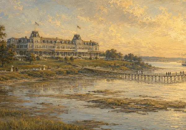 Painting of the Myles Standish Hotel and its pier
