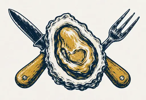 Screenprint-style illustration of an oyster with a shucking knife and fork crossed behind it