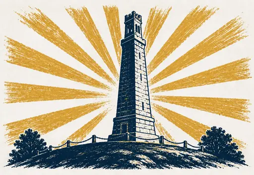 Screenprint-style illustration of the Myles Standish Monument with sun rays