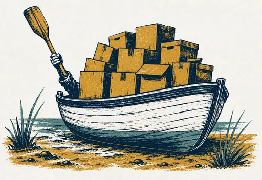 Screenprint-style illustration of a rowboat coming ashore loaded with moving boxes