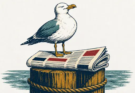 Screenprint-style illustration of a seagull perched on a folded newspaper atop a dock piling