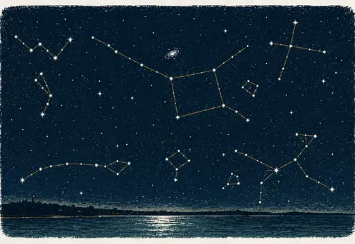 Screenprint-style illustration of constellations over Duxbury Bay