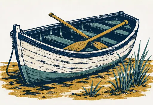 Screenprint-style illustration of a wooden skiff pulled up on the flats
