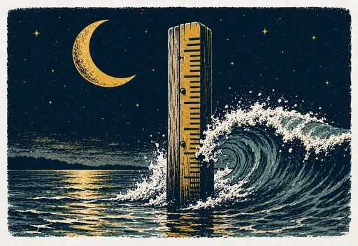 Screenprint-style illustration of a tide staff in a curling wave under a crescent moon
