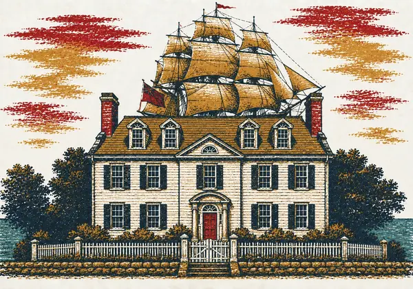 Screenprint-style illustration of the King Caesar House with a tall ship rising behind its roofline