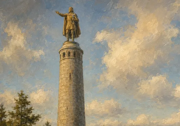 Painting of the Myles Standish Monument on Captain’s Hill