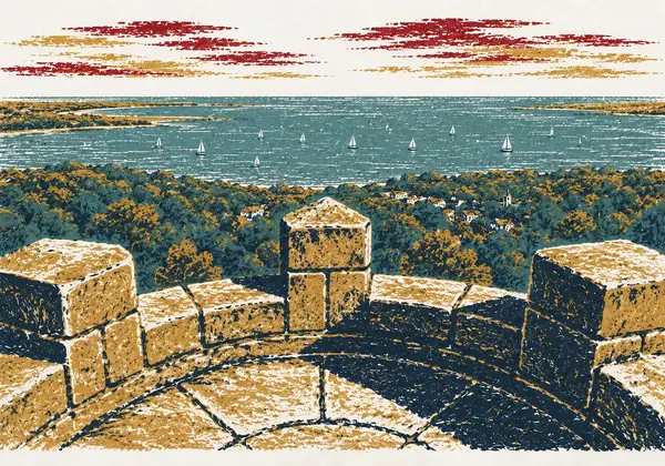 Screenprint-style illustration of the view over Duxbury Bay from the top of the Myles Standish Monument