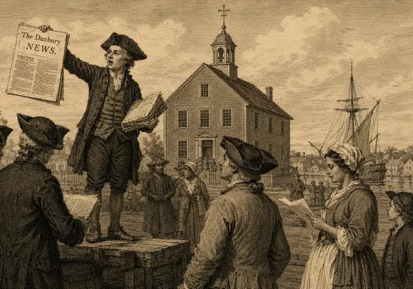 Engraving-style illustration of a town crier reading The Duxbury News