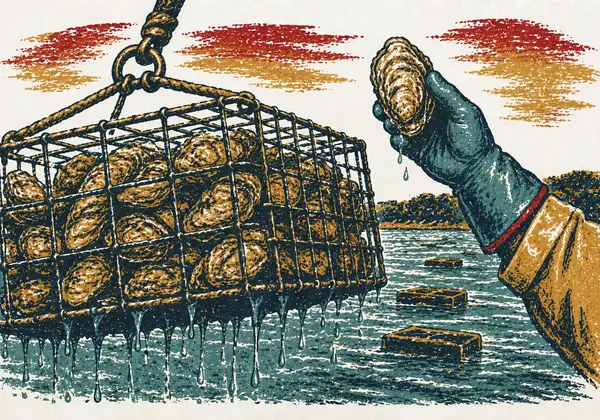 Screenprint-style illustration of an oyster grow-cage hauled dripping from the bay, a gloved hand holding one oyster up