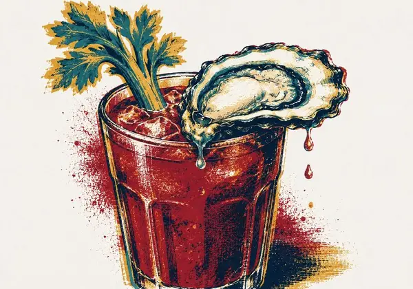 Screenprint-style illustration of a bloody mary with an oyster perched on the rim