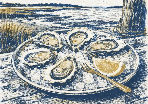 Screenprint-style illustration of a platter of Duxbury oysters on ice on a dock table