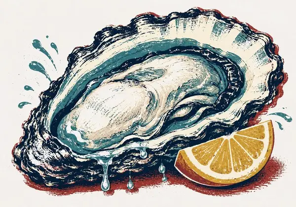 Screenprint-style illustration of a freshly shucked oyster