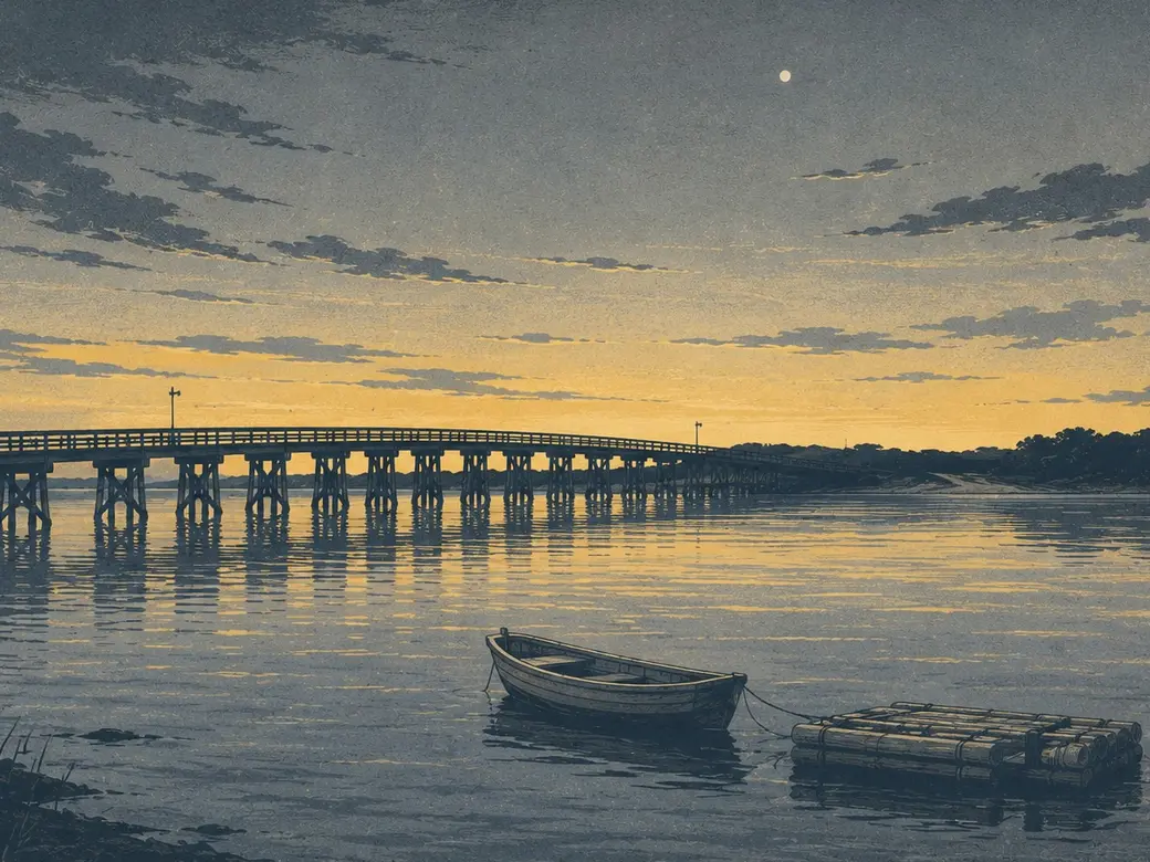 Illustrated dusk over the bay: the bridge, a skiff, and oyster floats