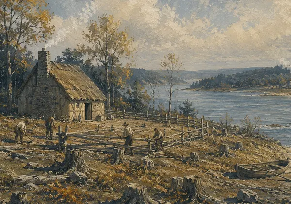Painting of a 1630s farmstead being cut from the woods above the bay