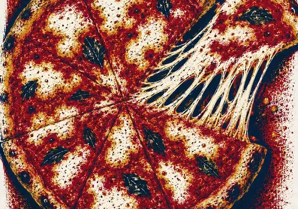 Screenprint-style illustration of a pizza with one slice pulled away, cheese stretching