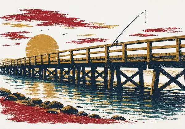 Screenprint-style illustration of Powder Point Bridge at sunset