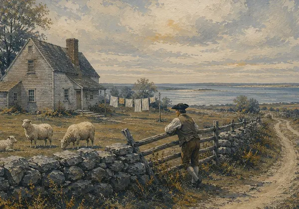 Painting of a quiet 1700s Duxbury farm with sheep and a saltbox house