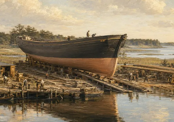 Painting of a hull on the launch ways at a Duxbury shipyard