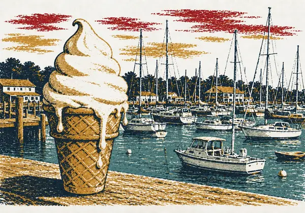 Screenprint-style illustration of a melting soft-serve cone in front of the moored boats at Snug Harbor