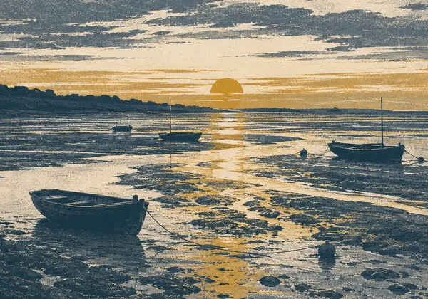 Screenprint-style illustration of sunset over the bay flats at low tide