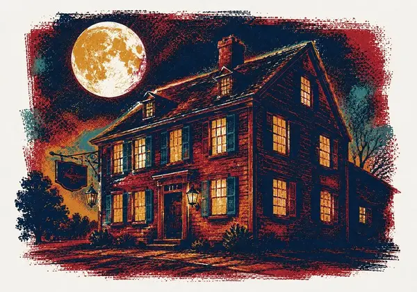 Screenprint-style illustration of an old tavern glowing at night under a full moon