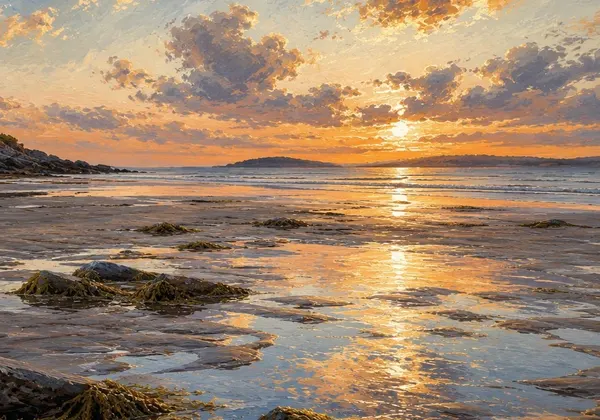 Painting of low tide on Duxbury Bay at sunset