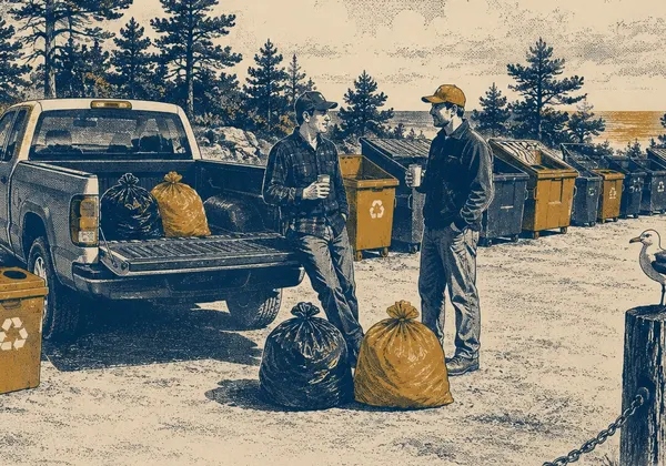 Screenprint-style illustration of neighbors talking at the transfer station