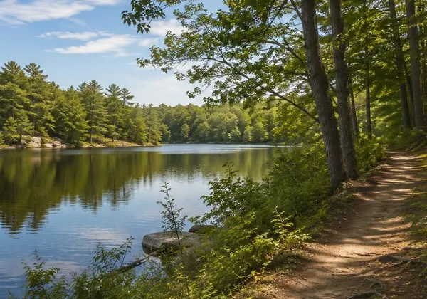Painting of a footpath along a wooded pond in Duxbury