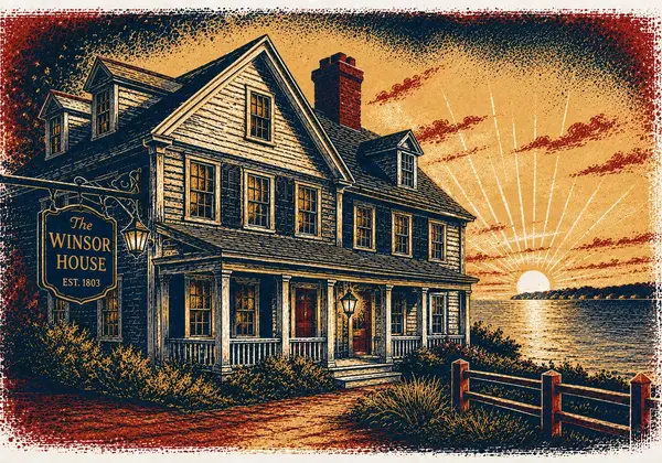 Screenprint-style illustration of the Winsor House inn at sunset over the bay