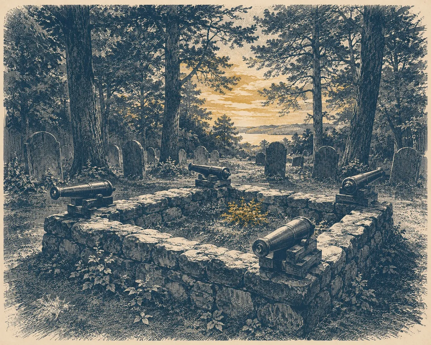 Engraving-style illustration of the Standish grave: a fieldstone enclosure with four small cannons at its corners, slate headstones and pines behind