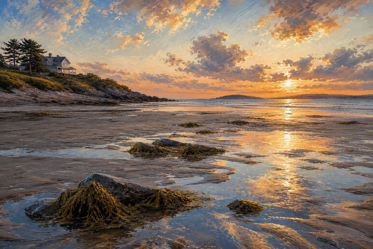 Painting of low tide on Duxbury Bay, seaweed-covered rocks on the drained flats and a shingled house on the wooded shore